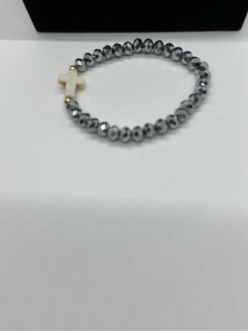 Faceted Hematite Beaded Stretch Bracelet with Cross Accent